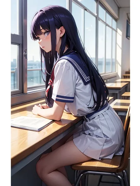 A man wearing a sailor suit、Eighteen-year-old young woman with long purple hair sitting in the classroom (School 1.5 In the background) (Serious expression, Cold 1.5) (best quality: 1.1) (masterpiece: 1.3) with an unparalleled masterpiece, Surreal 8K, perf...