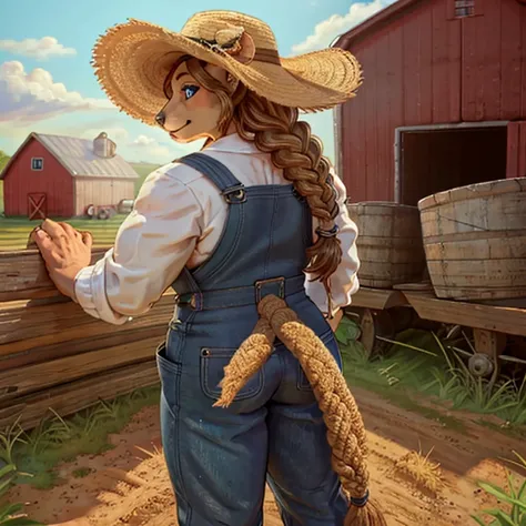 Closeup of a A feminine Muscular 7 foot tall spirit grizzly with long black claws and bright tan colored fur, blue eyes, and long viking braid down his back. Wearing overalls, a farmers hat. Standing in farm fields during the daytime. Alone by herself