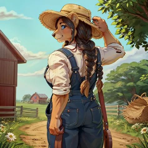 Closeup of a A feminine Muscular 7 foot tall spirit grizzly with long black claws and bright tan colored fur, blue eyes, and long viking braid down his back. Wearing overalls, a farmers hat. Standing in farm fields during the daytime. Alone by herself