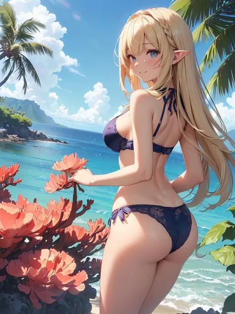 highest quality、Highest image quality、masterpiece、Super beautiful elf girl facing backwards((22 years old OL big bust、Bust 98,beautiful long ironed hair、blonde、、nice buddy、slender、Close-up、Esbian、High quality、beautiful art、background blue sky sunny sky、bea...