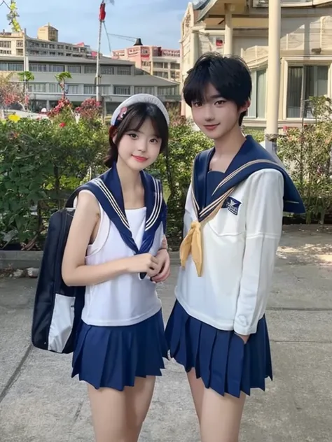 (boy and girl standing in the schoolyard:2),glossy (sailor school swimsuit:2),small school bag,18year old,bangs,a little smile,t...