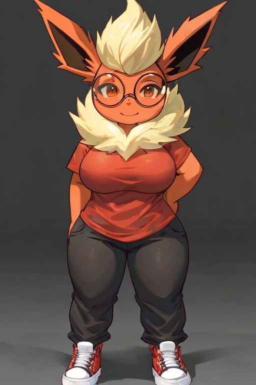 ((Flareon)), anthropomorphic, big breasts, big ass, pokemorph, (((1girl))), (((red shirt))), (black bell bottom pants), (white sneakers), full body, cute and sexy, fiery red skin, (round glasses), long legs, smiling