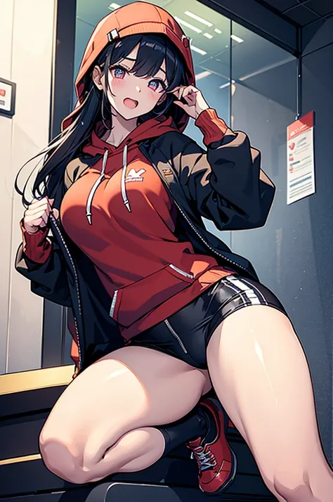 masterpiece,1girl,solo ,heart-shaped pupils,open mouth,hoodie,,  stationary restraints,