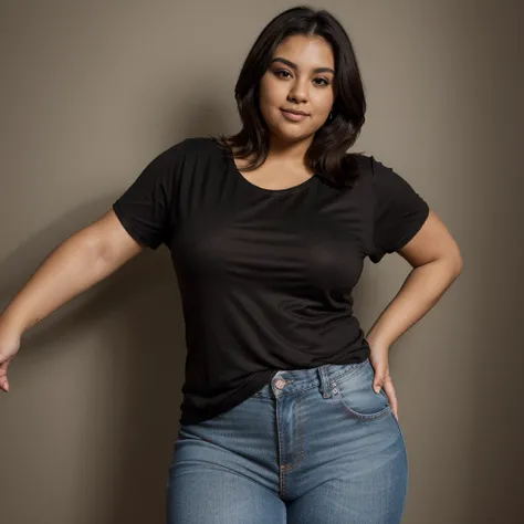 1 handsome and beautiful overweight Hispanic woman, medium brown skin tone, smirking with short brown hair half body shot wearing a black t-shirt and jeans