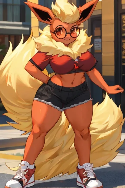 ((Flareon)), anthropomorphic, big breasts, big ass, pokemorph, (((1girl))), (((red cropped shirt))), (black jeanss), (white sneakers), full body, cute and sexy, fiery red skin, (round glasses), long legs, smiling