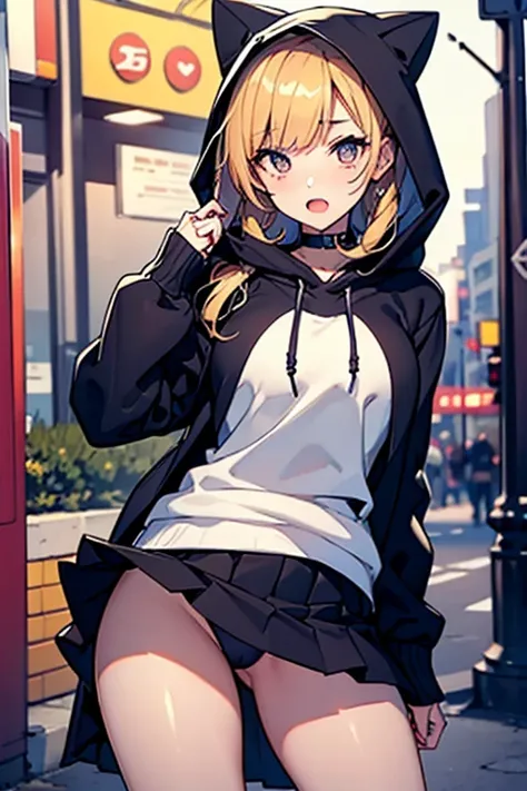 masterpiece,1girl,solo ,heart-shaped pupils,open mouth,hoodie,, lift skirts