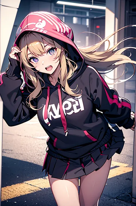 masterpiece,1girl,solo ,heart-shaped pupils,open mouth,hoodie,, lift skirts