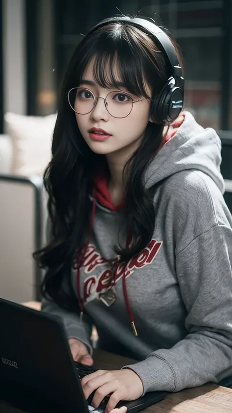 lady in glasses and red hoodie looking at laptop and headphones, in the style of nightcore, soft, romantic scenes, i cant believe how beautiful this is, gongbi, dark gray and light gray, hyper-realistic oil, traditional chinese 