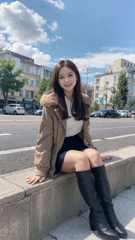 1girl,solo,long hair,looking at viewer,smile,skirt,brown hair,sitting,jacket,boots,outdoors,sky,teeth,day,cloud,knee boots,building,bench