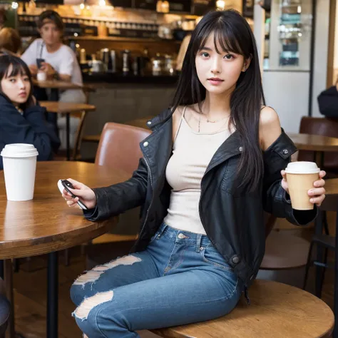 (real、High resolution:1.2)、1 girl、tiny face and eyes、long hair、tight black tank top with black jacket、short jeans、sitting in a coffee chair、at the cafe、coffee on the table、big breasts