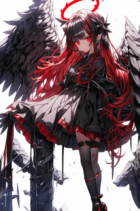 female, red eyes, halo, black wings, stocking, long gloves, short pants, dress, high heels,