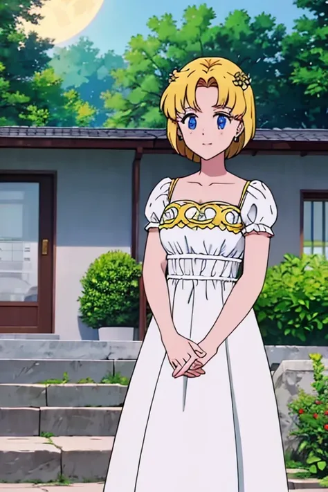 blonde hair, short medium hair, hair ornament, forehead mark, blue eyes, earrings, white dress, full moon, garden, anime screencap, high quality, light smile, standing, Masterpiece
