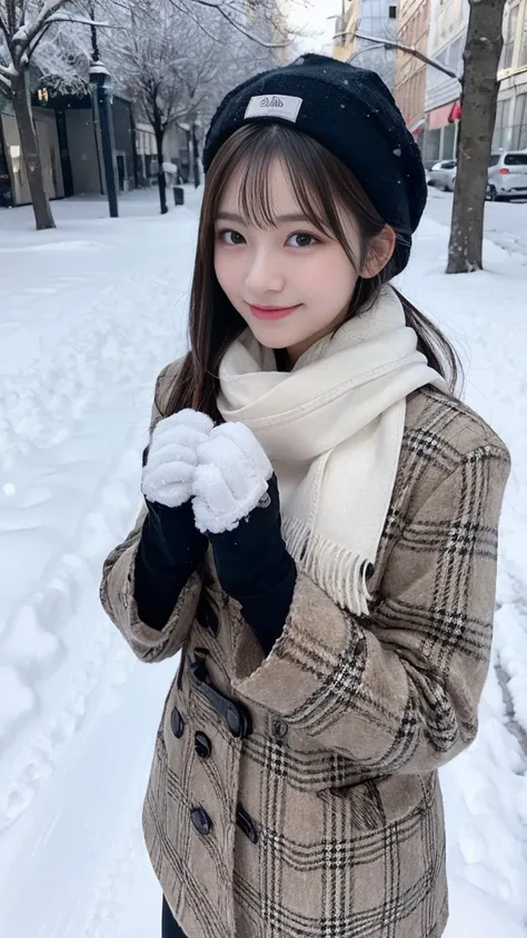 1girl,solo,long hair,looking at viewer,smile,black hair,gloves,long sleeves,hat,outdoors,white gloves,scarf,black eyes,coat,plaid,own hands together,snow,winter,plaid scarf