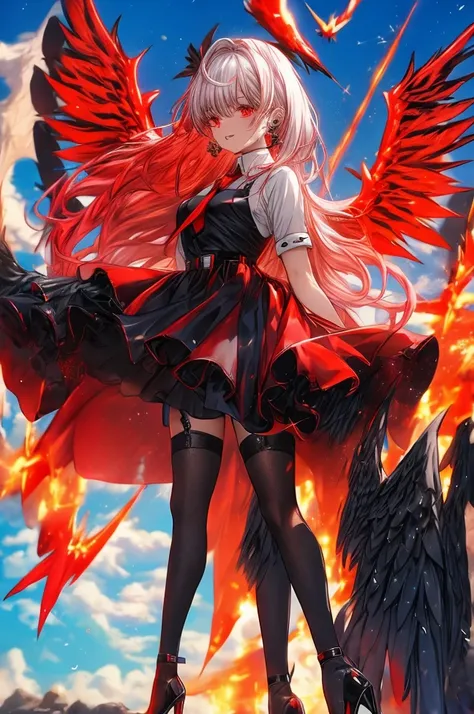 adult, female red eyes, sliver hair, black stocking, long gloves, short pants, dress, high heels, phoenix wings