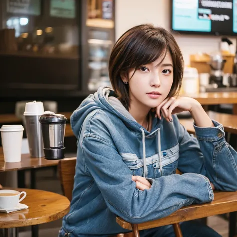 (realistic、High resolution:1.3)、1 girl with perfect figure、super thin face and eyes、short hair、hoodie:1 in random color.2、wearing short jeans pants、at the cafe、coffee on the table