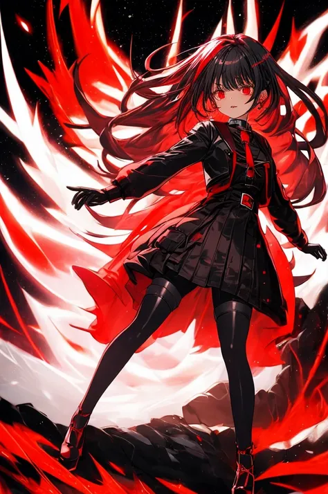 adult female, red eyes, sliver hair, black stocking, long gloves, short pants, dress, high heels, grab black and red scythe