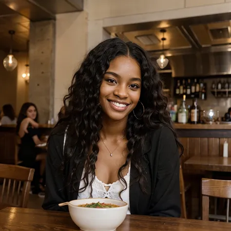 /imagine a young black woman aged 23 with long, frizzy hair smiling in a well-known restaurant in the United States