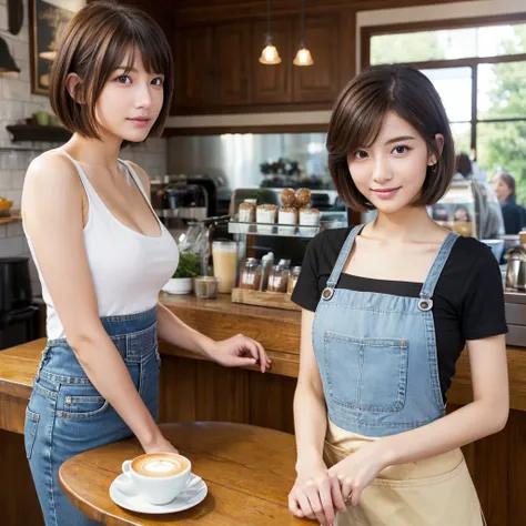 (realistic、High resolution:1.3)、1 girl with perfect figure、super thin face and eyes、short hair、apron:1 in random color.2、short jeans、at the cafe、coffee on the table、small breasts