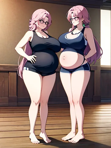 full body, standing, barefoot, thicc, very big breasts, pregnant, long hair, sports bra, very thight shorts, glasses