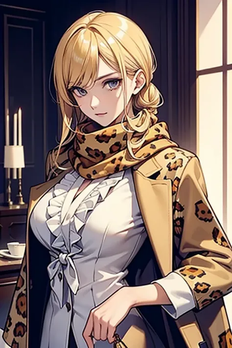 
20th generation women,Honey blonde tied back,slender and tall,slender,frill shirt,coat,leopard print scarf