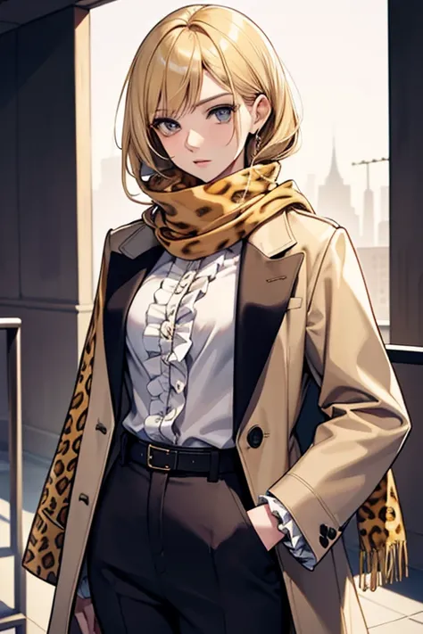 
20th generation women,Honey blonde tied back,slender and tall,slender,frill shirt,coat,leopard print scarf