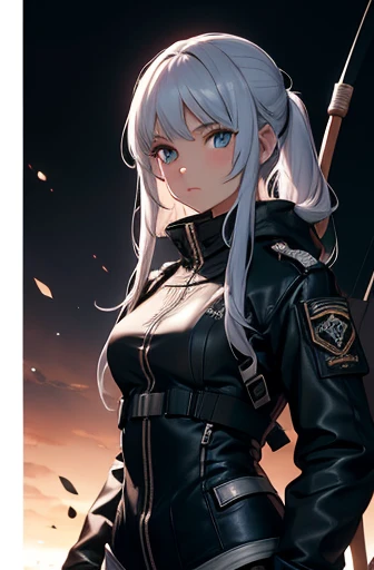 masterpiece,best quality,ultra-detailed,1girl,20years old, black_background,white shilver hair,bluegray eye,reather jacket,military pants,adventurer,archer