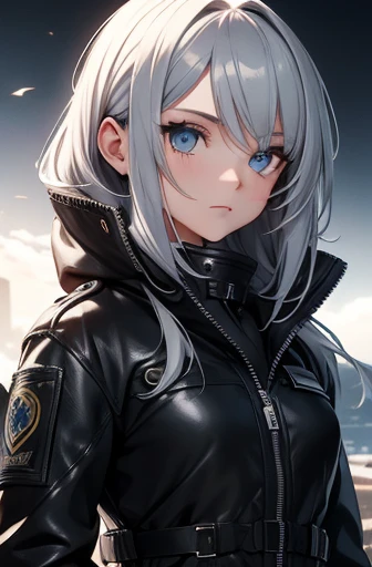 masterpiece,best quality,ultra-detailed,1girl,20years old, black_background,white shilver hair,bluegray eye,reather jacket,military pants,adventurer