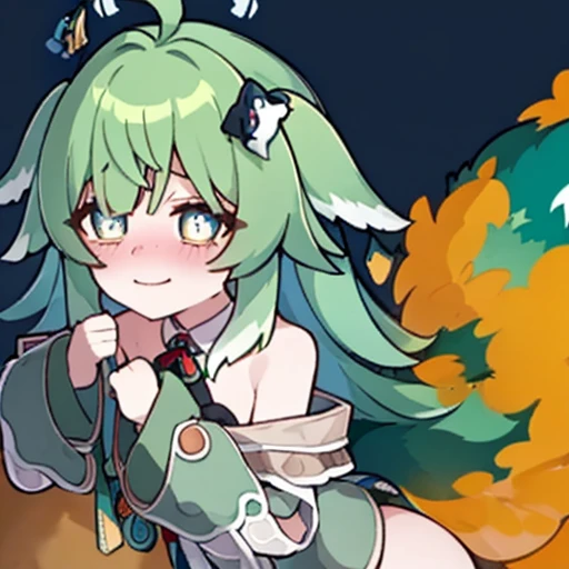 Highest image quality、(master piece:1.2)、detailed、Huo Huo、1 girl、solo、green hair、fart、green eyes、Shy personality、coward、pale tail、Gas comes out of the butt、a lot of gas、blush、shy、Satisfied smile、put pressure on your face、hot spring、Completely naked