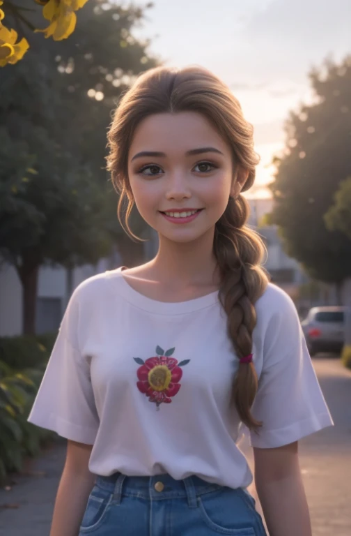 (realista: 1.4), mejor calidad, ultra-high-resolution, 4k ,  Detalles intrincados , Altamente detallado, A 15 year-old girl , very light brown hair with braid , Cabello largo , todo muy detallado , Sonriente  , alto contraste  ,  Background flowers falling...