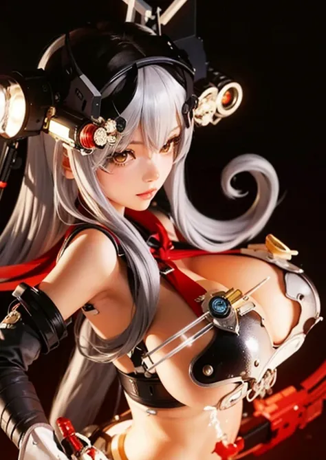 close-up of armed female figure, mechanical valkyrie girl, biomechanical oppai, mechanical warrior girl, masamune shirow style, completely robot!! girl, azur lane style, syringe, big tits