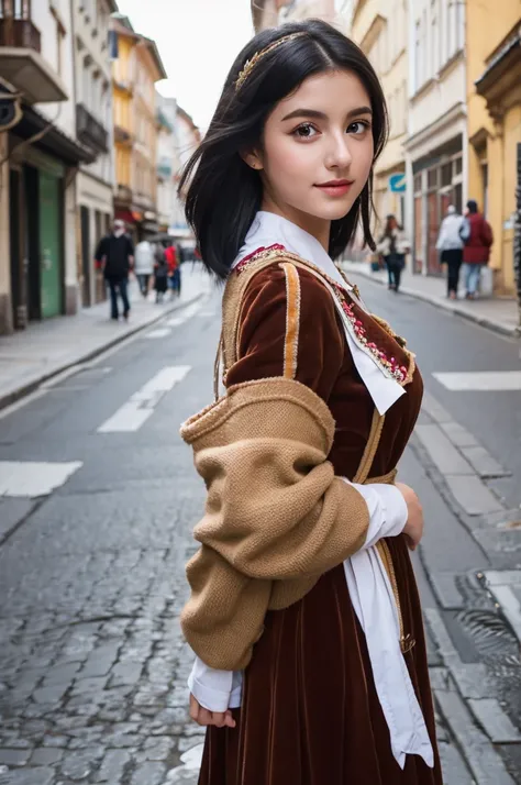 young woman in national costume、white people、black hair、brown eyes、looking at the camera、a little light source、old european streets。