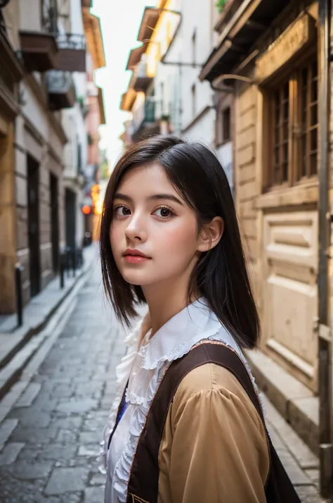 young woman in national costume、white people、black hair、brown eyes、looking at the camera、a little light source、old european streets。