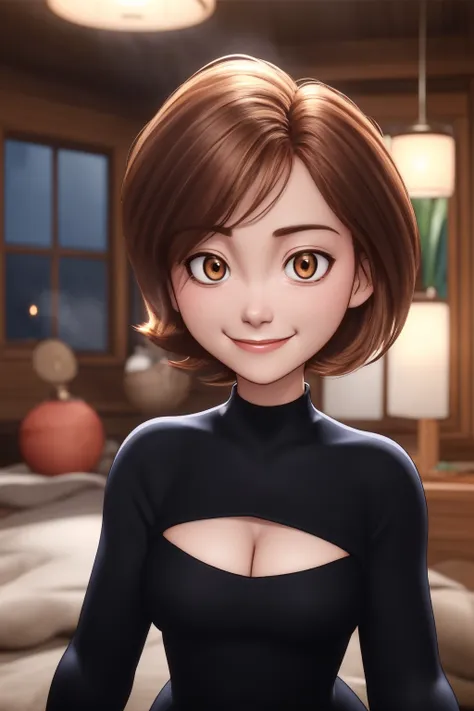 helen cass, masterpiece, best quality, solo, brown hair, brown eyes, turtleneck, sweater, smile, short hair, turtleneck sweater,...