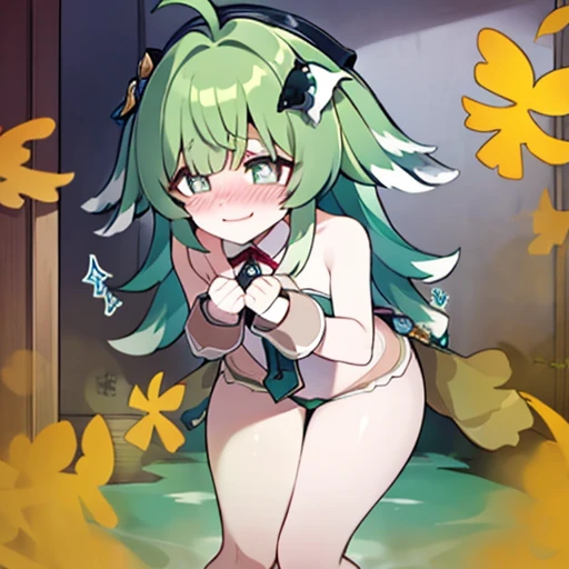 Highest image quality、(master piece:1.2)、detailed、Huo Huo、1 girl、solo、green hair、fart、green eyes、Shy personality、coward、pale tail、Gas comes out of the butt、a lot of gas、blush、shy、Satisfied smile、put pressure on your face、hot spring、Completely naked、bathing...