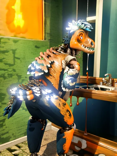 Ultra high resolution, best quality, masterpiece, mirror reflection,  (half transformation), human feathered deinonychus animatronic fursuit hybridization metamorphosis, in dark abandoned unlit bathroom, (part human:1.6) (part feral:1.3), (orange:1.9) (taw...