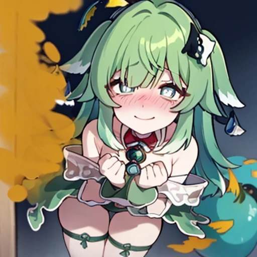 Highest image quality、(master piece:1.2)、detailed、Huo Huo、1 girl、solo、green hair、fart、green eyes、Shy personality、coward、pale tail、Gas comes out of the butt、a lot of gas、blush、shy、Satisfied smile、put pressure on your face、hot spring、Completely naked、bathing...