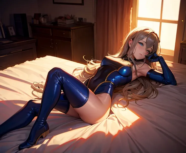 highest quality,sleep on your back in bed，Crab crotch，show me your boots，thigh high boots，leotardチラ見せ，glove，elegant, 1 girl, leotard，body suit，cute, blushed, looking at the viewer, from below, prison，blue eyes, beautiful eyes, beautiful background, particl...