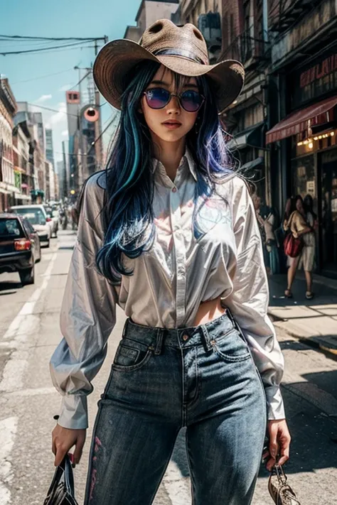 Cowgirl holding a blank banner Amish clothing shirt oversized pants Stunning eyes Stunning face Creamy hair Gorgeous hair Cowgirl outfit Stunning clothes Charming colours Amazing colors Very detailed and beautiful Sun background Sun glasses With her nerdy ...