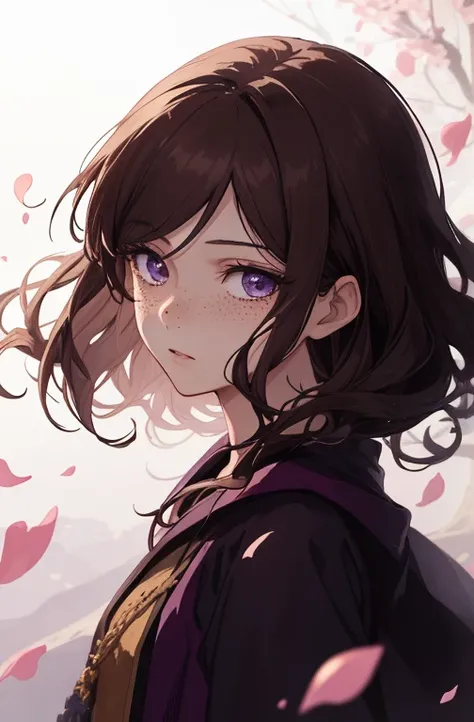 1girl, beautiful anime girl, short wavy brown hair, freckles. Dark purple robes, long skirt, petals, samurai, dark eyelashes, perfect eyes, perfect face, intricate, intricate details, epic, character portrait, cinematic portrait, anime, anime art