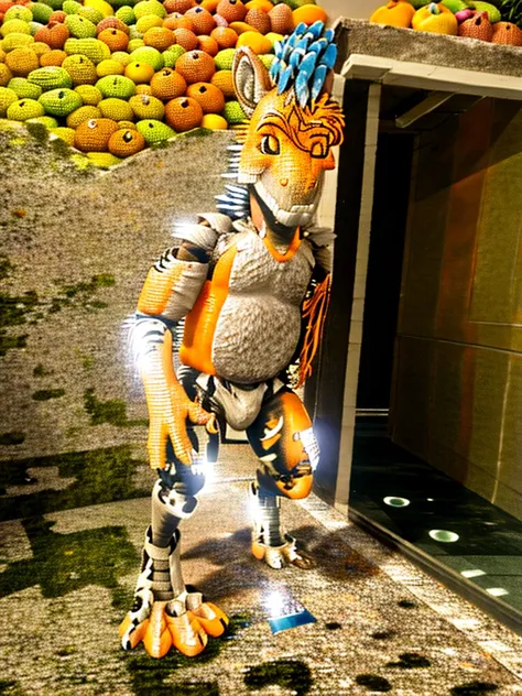 Ultra high resolution, best quality, masterpiece, mirror reflection,  (half transformation), human feathered deinonychus animatronic fursuit hybridization metamorphosis, in dark abandoned unlit bathroom, (part human:1.6) (part feral:1.3), (orange:1.9) (taw...