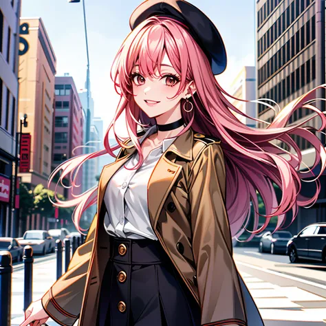 1 girl, solo, pink hair, brown eyes, double-parted bangs, long hair, (mature female, mature:1.2), (pixiv:1.4), high quality, mole under eye, white button up, choker, earrings, lipstick, bright smile, happy, looking at camera, brown beret, brown coat