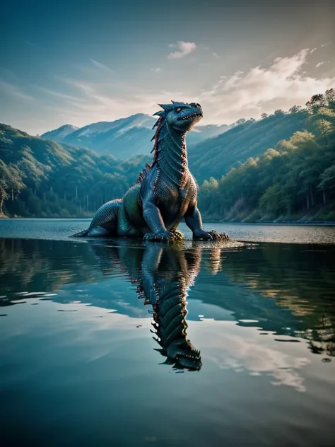 "ultra realistic photograph of (one stunning (((muscular))) dragon he lies on the water surface of the lake, stunning composition evoke a sense of admiration, hyper-realistic and hyper-detailed, hyper emotional, epic cinematic lighting, 32k UHD, shot on Ha...