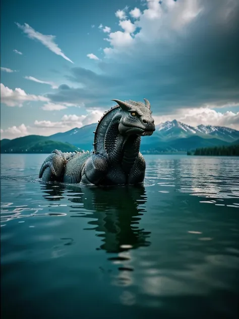 "ultra realistic photograph of (one stunning (((muscular))) dragon he lies on the water surface of the lake, stunning composition evoke a sense of admiration, hyper-realistic and hyper-detailed, hyper emotional, epic cinematic lighting, 32k UHD, shot on Ha...