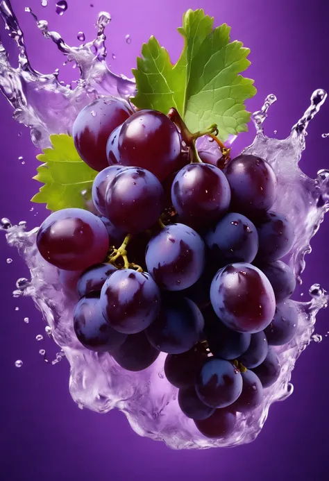 Powerful liquid explosion, grapes, purple background, commercial photography, bright environment, studio lighting, OC rendering, super details, solid color isolation platform, professional photography, color grading