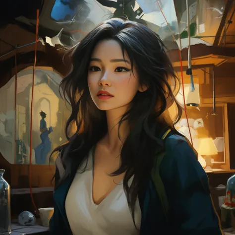 Illustration of a woman with long hair wearing a white shirt, Beautiful character drawings, by 양J, making: Zhang Han, Li Song, Works inspired by Han Young-ha, making: Chen Lin, realistic fantasy illustration, realistic oil paint, by Yesin, Wolf and Rostran...