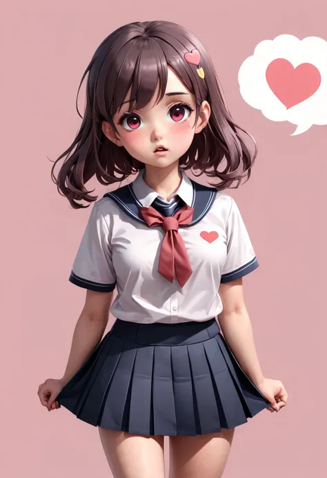 a girl, blush, heart, pleated skirt, school uniform, simple background, speech bubble, spoken heart, enhance, intricate, (best quality, masterpiece, Representative work, official art, Professional, 8k)