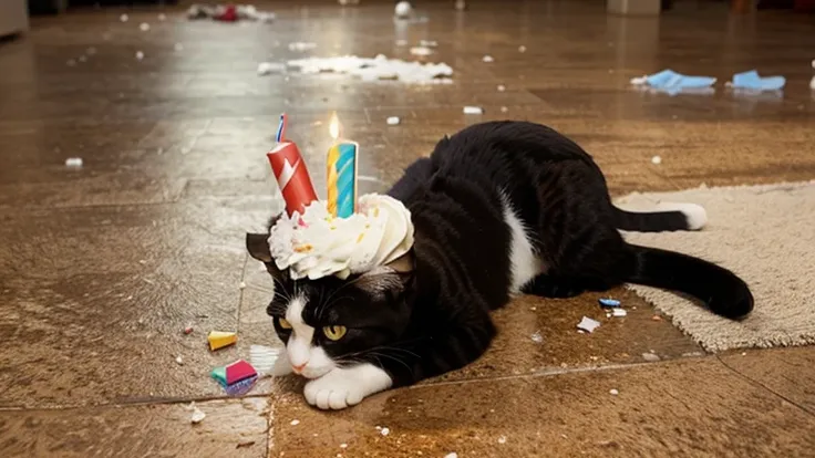 a cat celebrating a birthday with a cake smashed on the floor