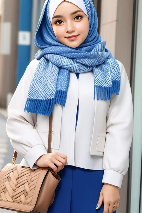 woman wearing hijab a blue and white scarf and a brown purse, multilayered outfit white hijab