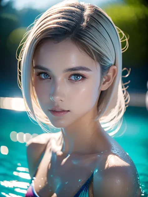 Ultra-realistic photos stunning anthropomorphic female beautiful and gorgeous, wearing a swimming wear, Located by the lake, White hair, Wavy hair, Ultra-radiant skin, Wet_skin, Ultra-realistic and ultra-detailed, Excessive emotionality, Epic cinematic lig...