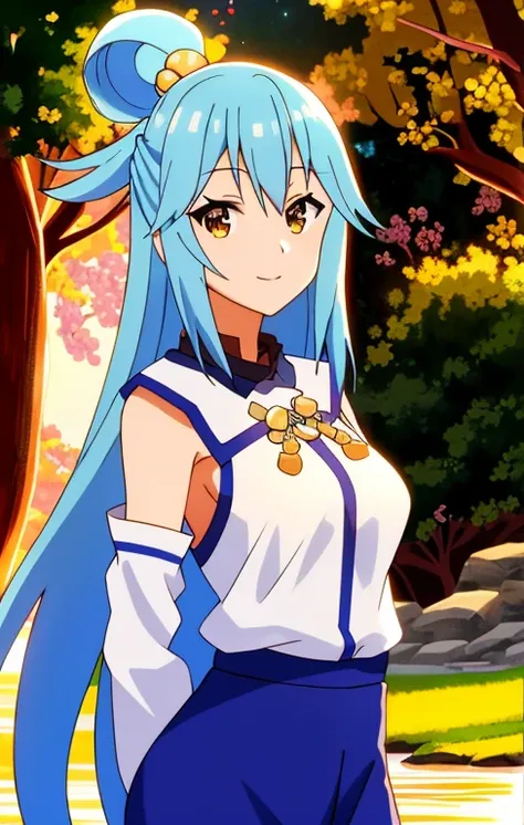 asuna, obra maestra, Mejor calidad, detallado, (1 chica), Solo, detallado golden eyes, pelo largo, de pie, cerca del espectador, (detallado kimono), sonrisa ligera, pechos medianos,  (arms behind the back), agua, Atardecer, (adorno para el pelo), (sakura b...